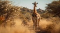 One giraffe walk through the savannah between the plants. AI Generative Royalty Free Stock Photo