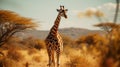 One giraffe walk through the savannah between the plants. AI Generative Royalty Free Stock Photo