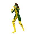 One girl in yellow green super suit. Stands in the pose of a boxer