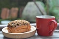 one glass of hot chocolate and one slice of brown bread Royalty Free Stock Photo