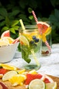 One glass with an ice drink with fruits and berries stands on a wooden table against a background of green foliage. Royalty Free Stock Photo