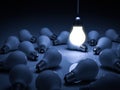 One glowing hanging light bulb standing out from the unlit dead incandescent bulbs with reflection , leadership and different Royalty Free Stock Photo