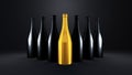 One gold bottle of champagne on a black background and a series of black bottles of alcohol Royalty Free Stock Photo