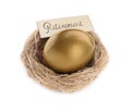 One golden egg and card with word Retirement in nest on white background. Pension concept Royalty Free Stock Photo