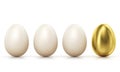 One golden egg among usual chicken eggs in row, clipping path in