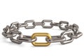 One golden link in a chrome chain on white background.3D illustration. Royalty Free Stock Photo