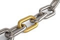 One golden link in a chrome chain on white background.3D illustration. Royalty Free Stock Photo