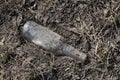 One gray dirty glass bottle lies in the ground