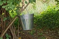One gray galvanized metal bucket hangs on brown branches