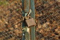 Gray padlock on an iron gate with a metal mesh