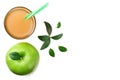 One green apple with apple juice isolated on white background. top view Royalty Free Stock Photo