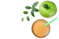 one green apple with apple juice isolated on white background. top view Royalty Free Stock Photo