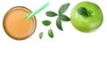 one green apple with apple juice isolated on white background. top view Royalty Free Stock Photo