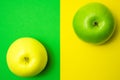 One green apple on yellow background and one yellow apple on green background. Difference or opposition concept