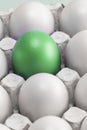 One green egg among many white eggs in the box, close-up. upstart and leader, vertical photo. symbol of individuality Royalty Free Stock Photo