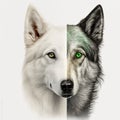 One half of photo is wild wolf, the other half is domestic white dog, symbol of unity of opposites, yin and yang,