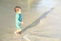 Toddler boy in blue swimsuit going into sea