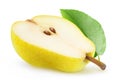 One half of yellow pear with seeds and leaf isolated on white background Royalty Free Stock Photo