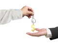 One hand giving key dollar sign keyring to another hand, 3D rend