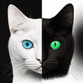 On one hand, head of black cat, on other hand, head of white cat, close-up, symbol of unity opposites, yin and yang,