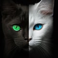 On one hand, head of black cat, on other hand, head of white cat, close-up, symbol of unity of opposites, yin and yang,