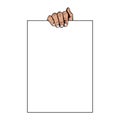 One hand holding a blank white paper on the white background