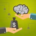 One hand holding brain and other hand offers money bag. Buy ide