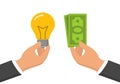 One hand holding light bulb and another one holding cash. Flat illustration, idea for money concept Royalty Free Stock Photo