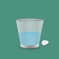 In one hand holds glass of water, the other hand holds pills. Healthcare, medication concept. vector