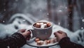 One hand holds hot chocolate, warming winter generated by AI