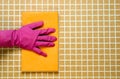 One hand in pink rubber gloves Royalty Free Stock Photo