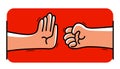 One hand stops another with aggressive clenched fist stop violence concept, vector flat style cartoon isolated on white, against Royalty Free Stock Photo