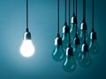 One hanging light bulb glowing and standing out from unlit incandescent bulbs Royalty Free Stock Photo