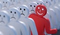 One happy man is out of crowd of many sad people. 3D rendered illustration Royalty Free Stock Photo