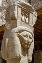 A Hathor capital at the Mortuary Temple of Hatshepsut at Deir al-Bahri near Luxor in Egypt. Royalty Free Stock Photo