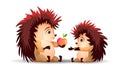 One hedgehog gives an apple to the second hedgehog. Mom and Son. Vector hedgehog. Cartoon characters