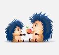 One hedgehog gives an apple to the second hedgehog. Mom and Son. Vector hedgehog. Cartoon characters