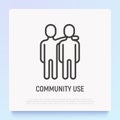 One human hugs other by shoulder. Friendship, relationship, social life. Thin line icon. Modern vector illustration