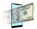 A one hundred dollar bill breaks into pixels as it flies through a cell phone. Royalty Free Stock Photo