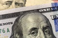 One hundred dollar bill detail with president Benjamin Franklin portrait close-up. American national currency banknote. Symbol of Royalty Free Stock Photo
