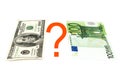 One hundred dollar bill and one hundred euro bill, question mark, isolated Royalty Free Stock Photo