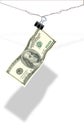 A one hundred dollar bill hangs on a wire secured by a paper clamp Royalty Free Stock Photo