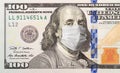 One Hundred Dollar Bill With Medical Face Mask on Benjamin Franklin Royalty Free Stock Photo