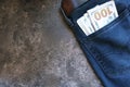 One hundred dollar bills in jeans pocket with place for text. Royalty Free Stock Photo