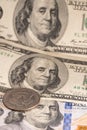 One Hundred Dollar bills, new and old design of the Dollar banknote.  Old bill out of focus and new Money Dollar in focus. Money Royalty Free Stock Photo