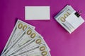 One Hundred Dollar Bills Sandwiched Binder Clip, Money And Blank Business Card On Pink Background Royalty Free Stock Photo