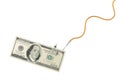 One hundred dollars banknote on glossy silver metal fishing hook on a rope on white