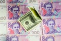 One hundred dollars banknotes on the background of ukrainian hryvnas