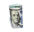 One hundred dollars and one dollar closeup on white background Royalty Free Stock Photo