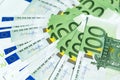 One hundred Euro banknotes on the table, money background, close up Royalty Free Stock Photo